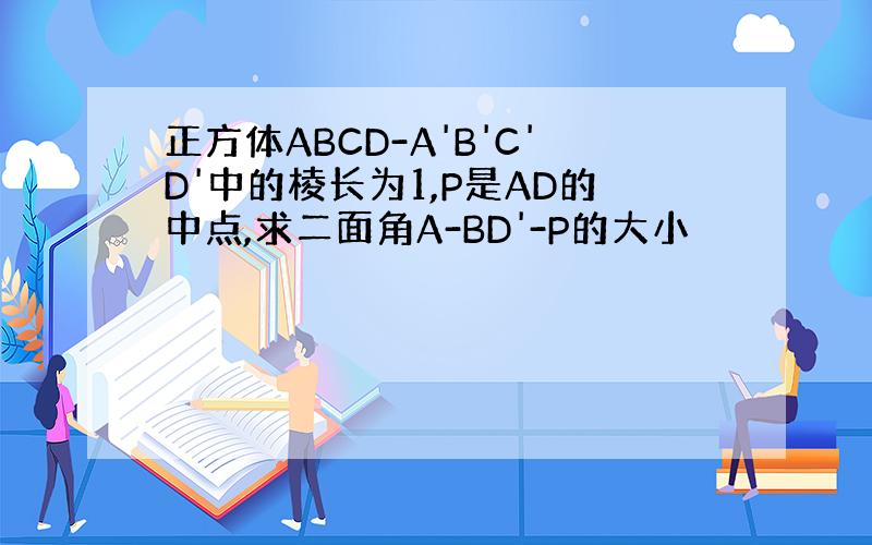 正方体ABCD-A'B'C'D'中的棱长为1,P是AD的中点,求二面角A-BD'-P的大小